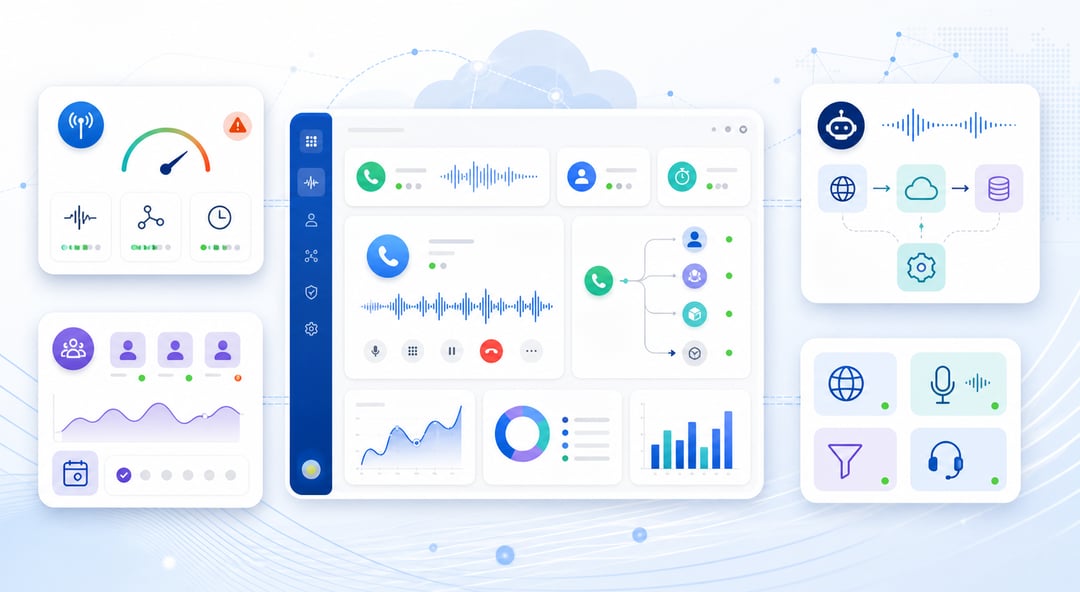 Cloud PBX dashboard interface showing AI-powered features including call transcription, real-time analytics, call routing, and voice waveforms