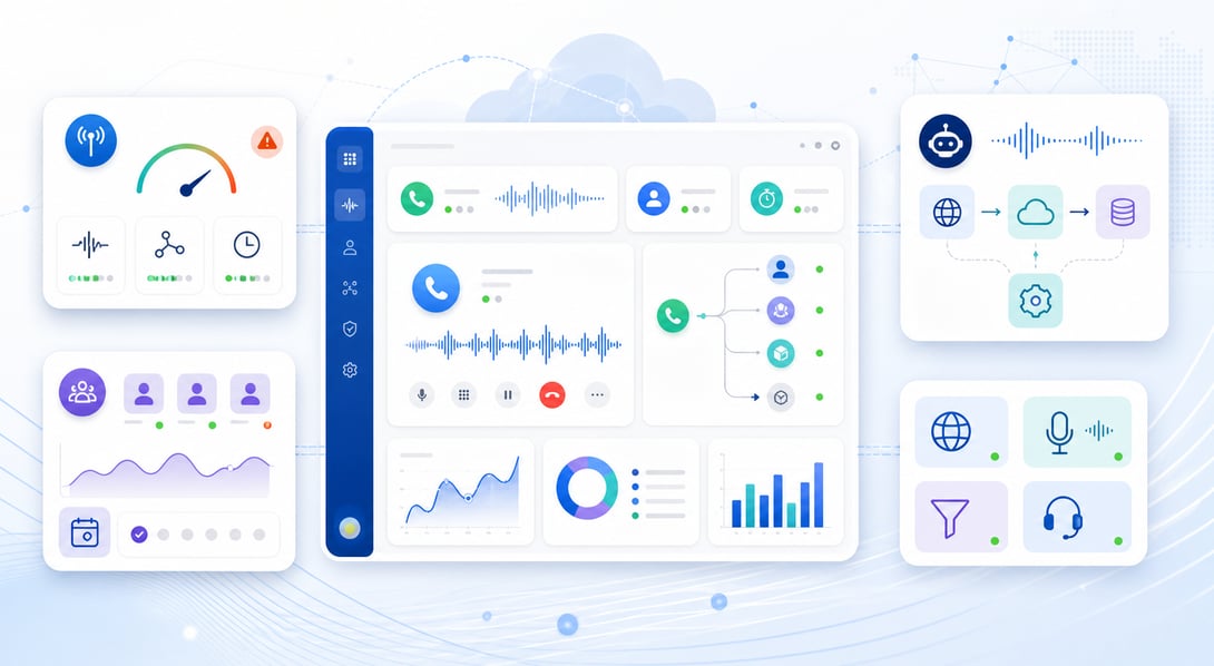 Illustration eines Dashboards zur Anrufqualitäts-Überwachung mit Echtzeit-Kennzahlen, Cloud-Datenfluss und Symbolen für Netzwerk, Sprache und Berichte