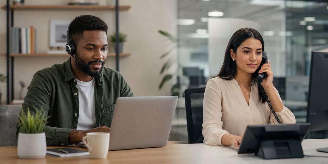 Two support agents working side by side — one using a headset for remote support, another on a desk phone for in-person assistance.