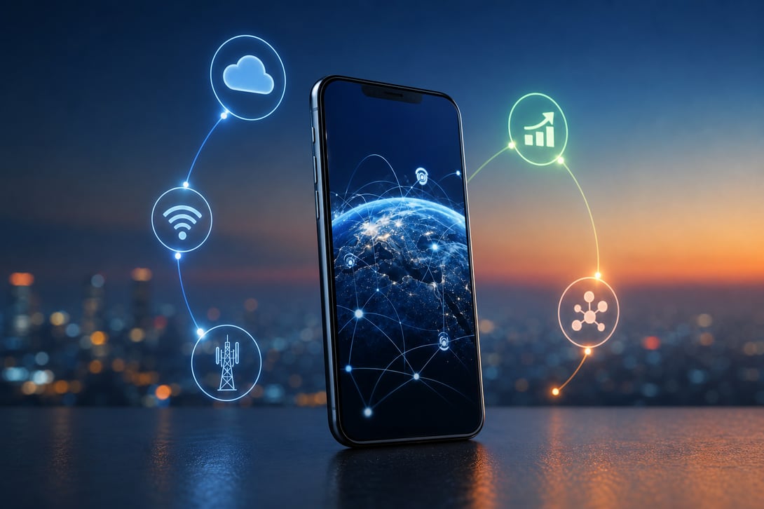 Smartphone with global network and digital icons for cloud, Wi-Fi and telecom infrastructure, representing digital transformation in the telecommunications sector.