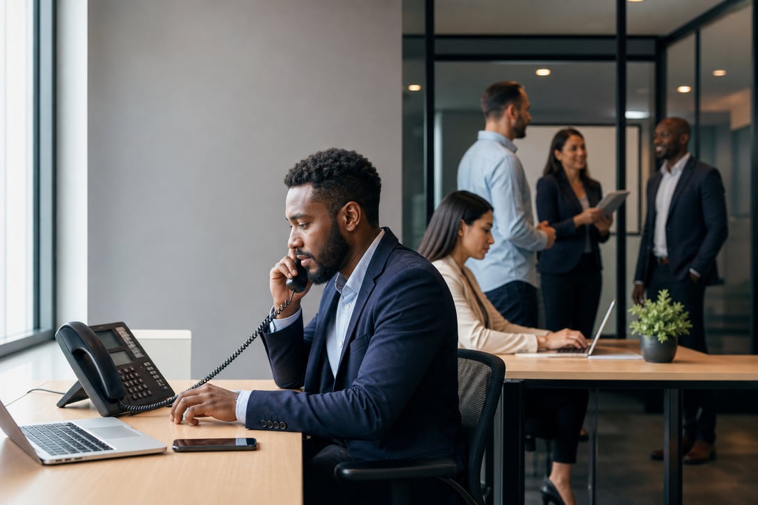 Business professional on a desk phone in a modern office, representing the shift from traditional telephony to cloud-based communication solutions.