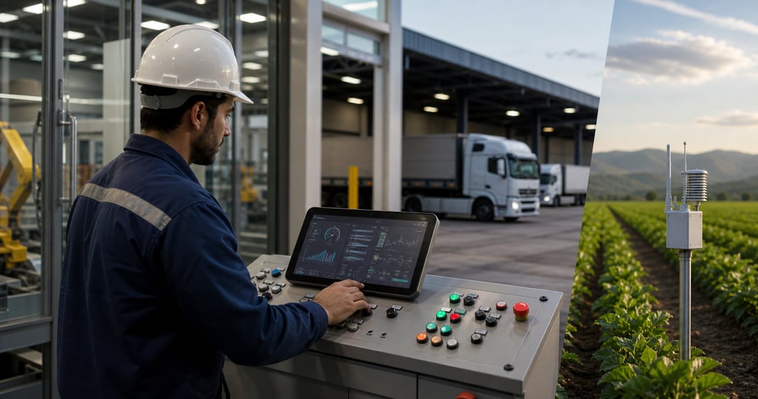 Operador com tablet monitorando painel industrial, com sensor IoT instalado em área agrícola ao fundo