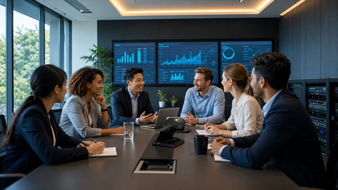 Business team discussing SIP Trunk certification and unified communications strategy in a modern meeting room.