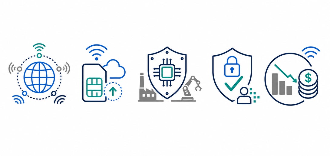 Ícones dos benefícios do eSIM industrial: cobertura global, provisionamento, durabilidade, segurança e custo