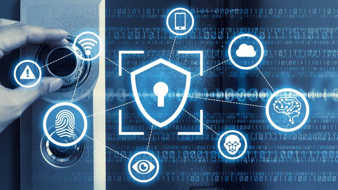 Industrielle IoT-Sicherheit: digitales Schutzschild mit vernetzten Geräteikonen symbolisiert die Konnektivitätsschicht als kritischen Angriffspunkt im industriellen IoT.