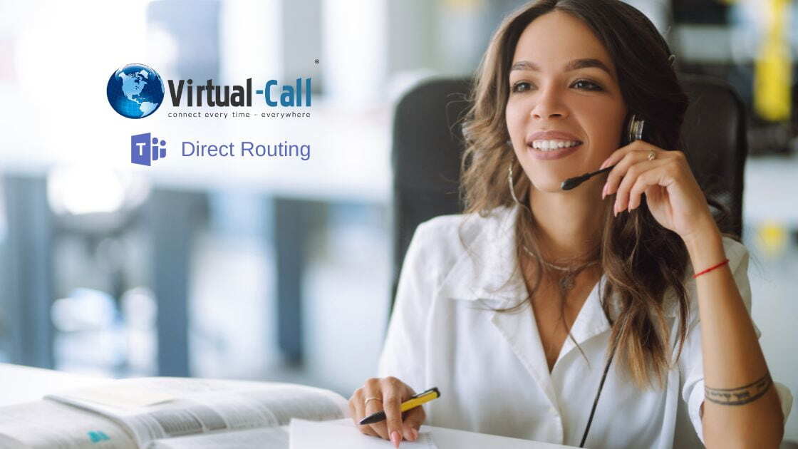 Banner promocional da Virtual-Call sobre Microsoft Teams Direct Routing, com uma mulher ao telefone à esquerda e texto à direita informando que o Teams pode ser transformado em uma central telefônica com integração completa e configuração automatizada, sem necessidade de PowerShell ou conhecimento técnico.