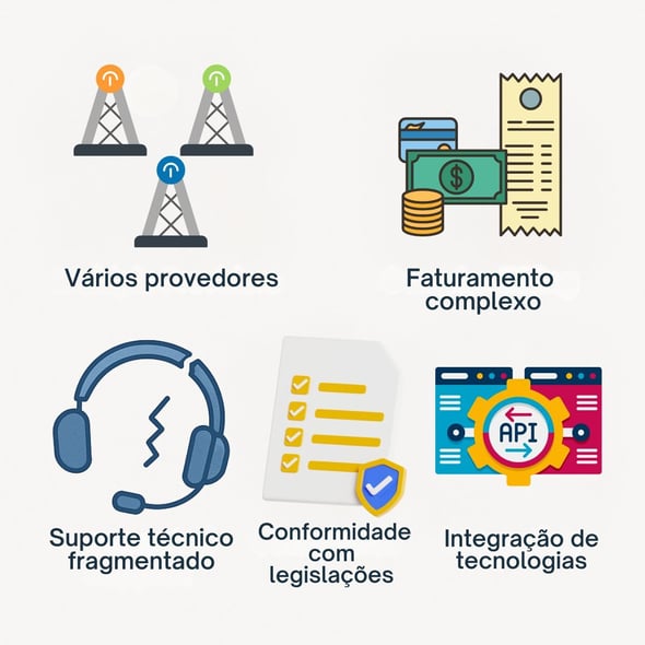 Ilustração com 5 icones representando cada desafio do sip trunk para multinacionais: vários provedores, faturamento complexo, suporte técnico fragmentado, conformidade com legislações locais, integração de tecnologias legacy.
