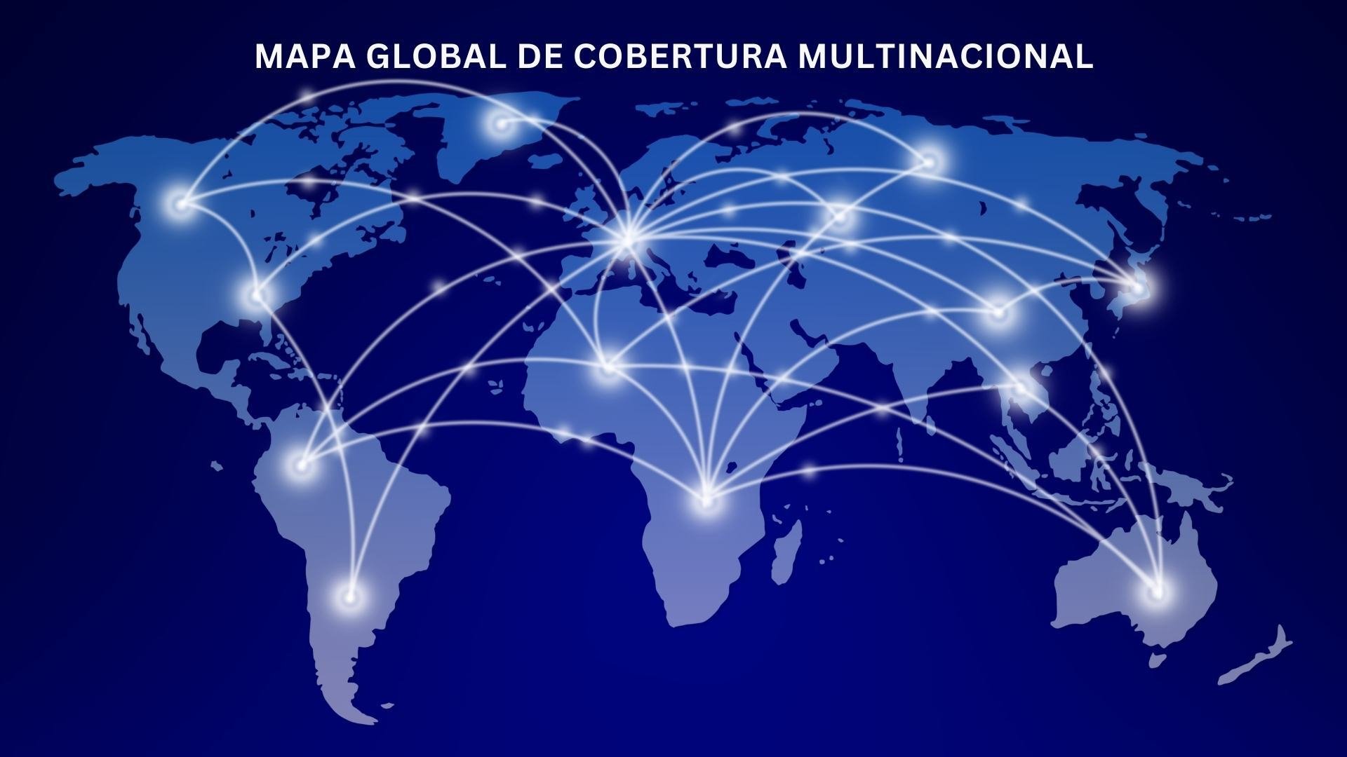 Mapa global de cobertura multinacional ilustrando a interconexão entre diferentes regiões do mundo, com pontos de presença e linhas destacando rotas de comunicação de voz, dados e colaboração empresarial em ambientes corporativos internacionais.