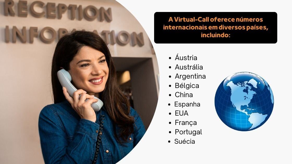 Mulher sorridente usando headset atendimento cliente com lista cobertura internacional Virtual Call: Áustria, Austrália, Alemanha, Bélgica, Chile, Dinamarca, EUA, França, Inglaterra, Suíça - soluções telecomunicações globais