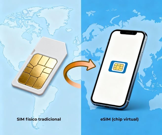 Evolução do SIM físico tradicional para eSIM chip virtual: cartão SIM dourado sobre mapa-múndi transitando para smartphone com eSIM digital e conectividade global