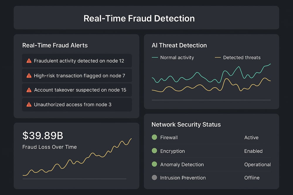Real-time fraud detection dashboard showing alerts, AI threat analysis, $39.89B fraud loss graph, and network security status including firewall, encryption, and anomaly detection.
