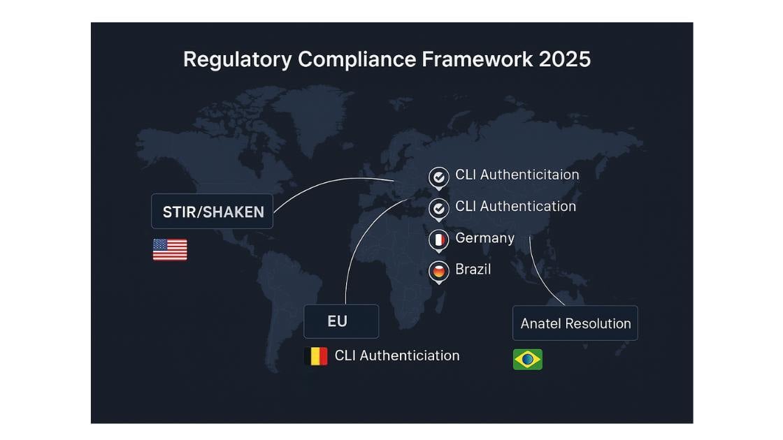Regulatory Compliance Framework 2025 – Interactive world map showing STIR/SHAKEN (US), CLI Authentication (Belgium, France, Germany), and Anatel Resolution (Brazil), with global impact lines.