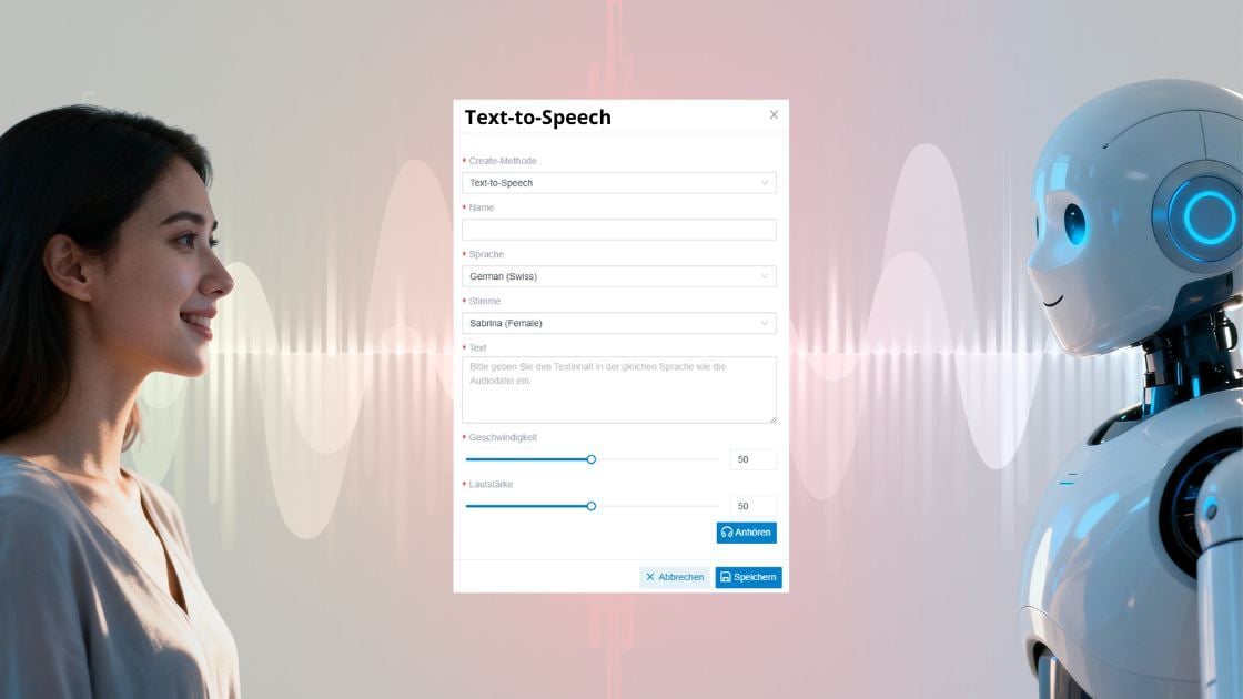 Text-to-Speech- Cloud-Telefonanlage-Schnittstelle mit Optionen zur Sprachkonfiguration, darunter Sprachauswahl, Stimmauswahl, Geschwindigkeits- und Lautstärkeregelung, mit einer professionellen Frau und einem KI-Assistenten, die die Sprachsynthesetechnologie demonstrieren.