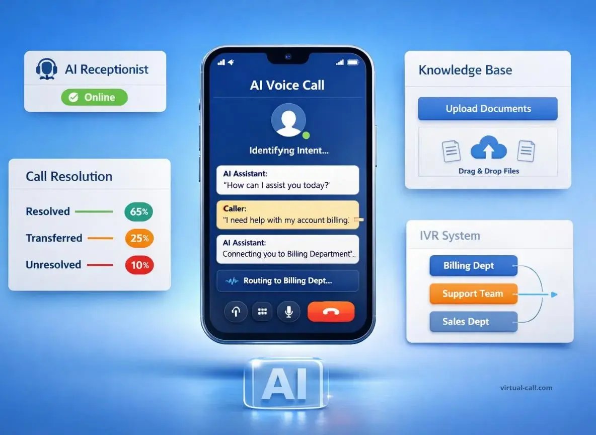 AI receptionist interface showing call resolution rates with knowledge base upload and intelligent IVR system routing