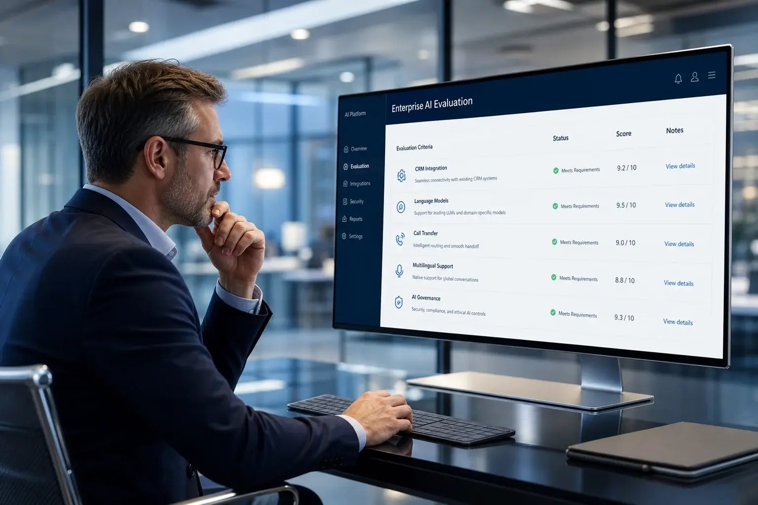 Enterprise evaluation dashboard with criteria and scores for choosing an AI receptionist architecture