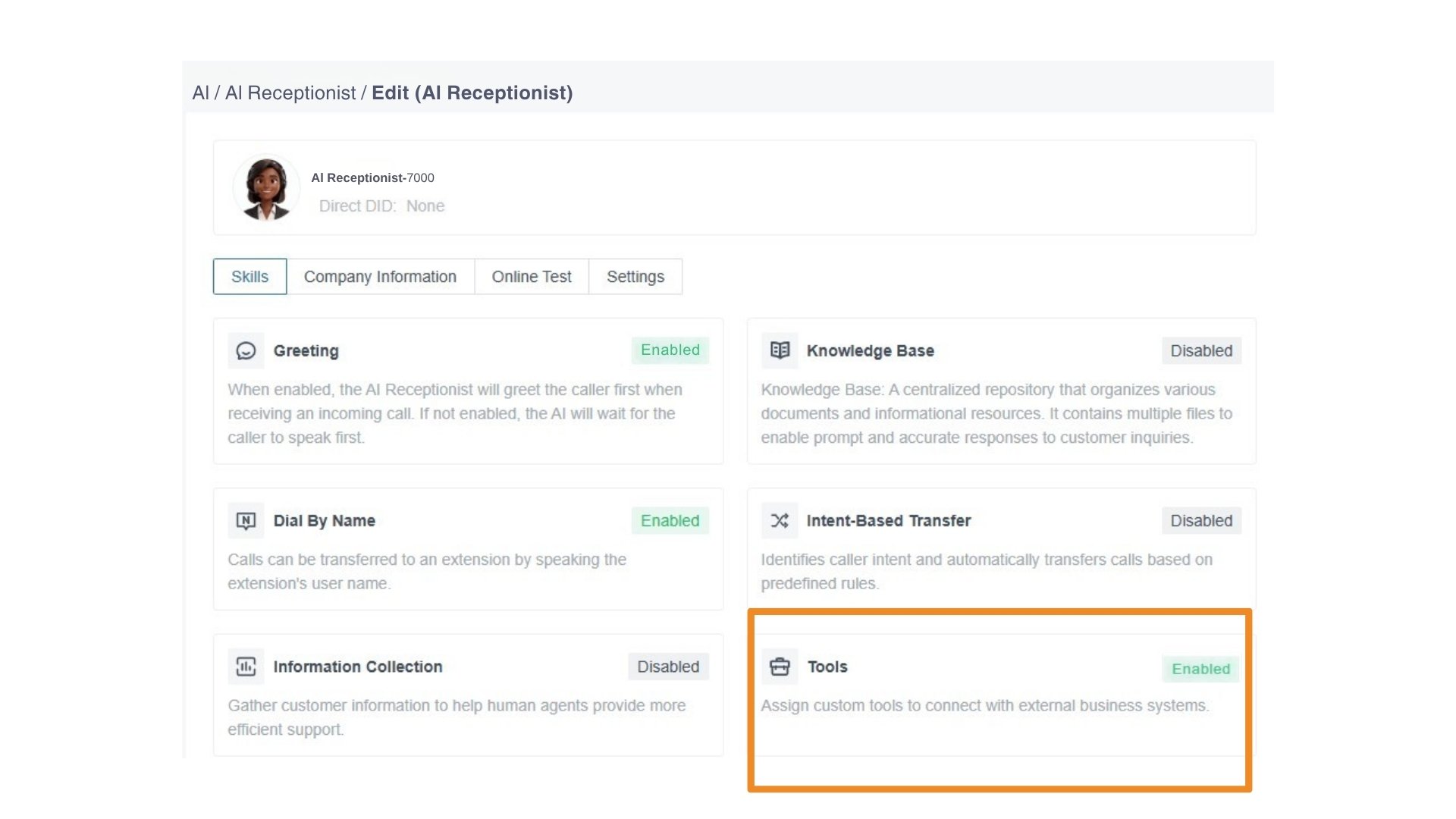Virtual-Call AI receptionist configuration panel with the "Tools" feature enabled for external system integration