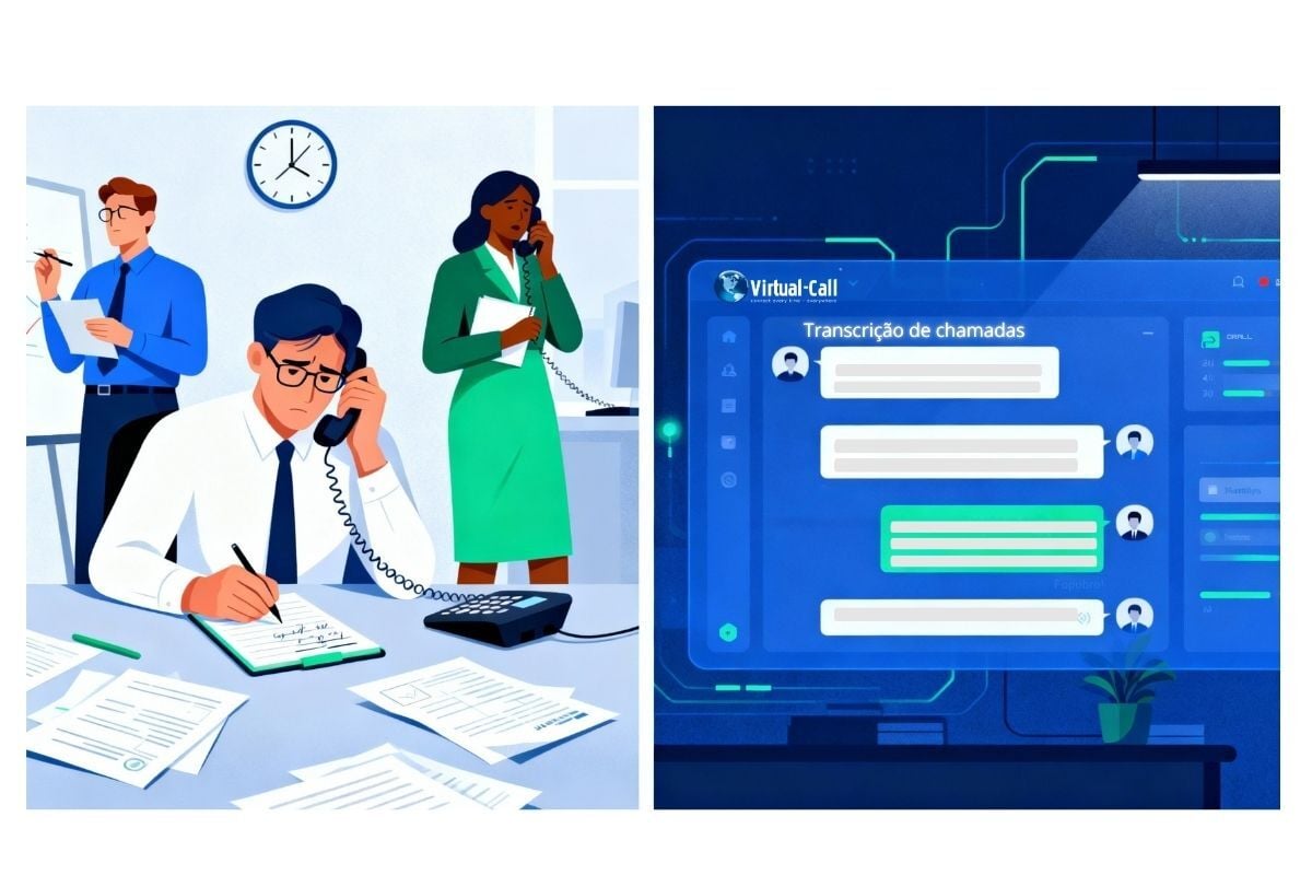 Comparação mostrando equipe fazendo anotações manuais durante chamadas telefônicas versus interface de transcrição automática de chamadas Virtual-Call eliminando necessidade de anotações