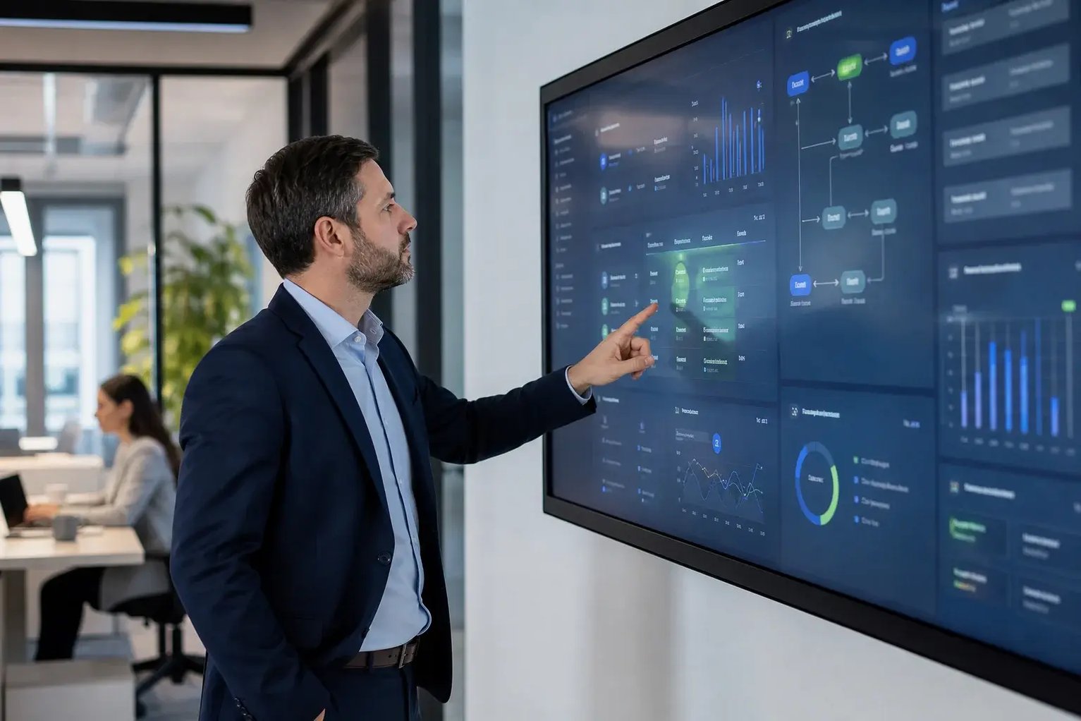 Professional analyzing a dashboard with workflows and metrics of an AI receptionist architecture