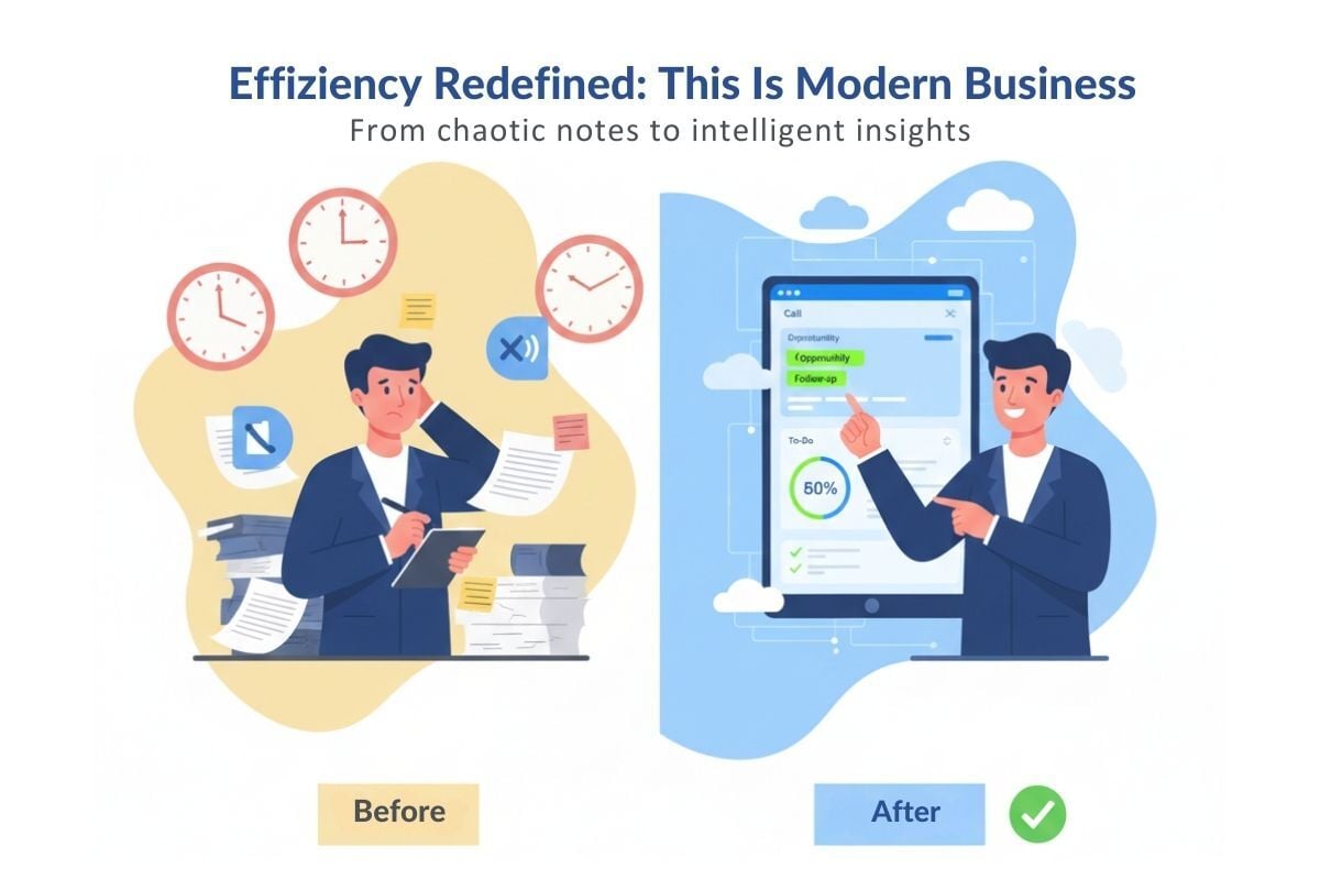 Business efficiency transformation showing stressed professional managing chaotic manual notes versus organized professional using AI call transcription with automated summaries and actionable insights