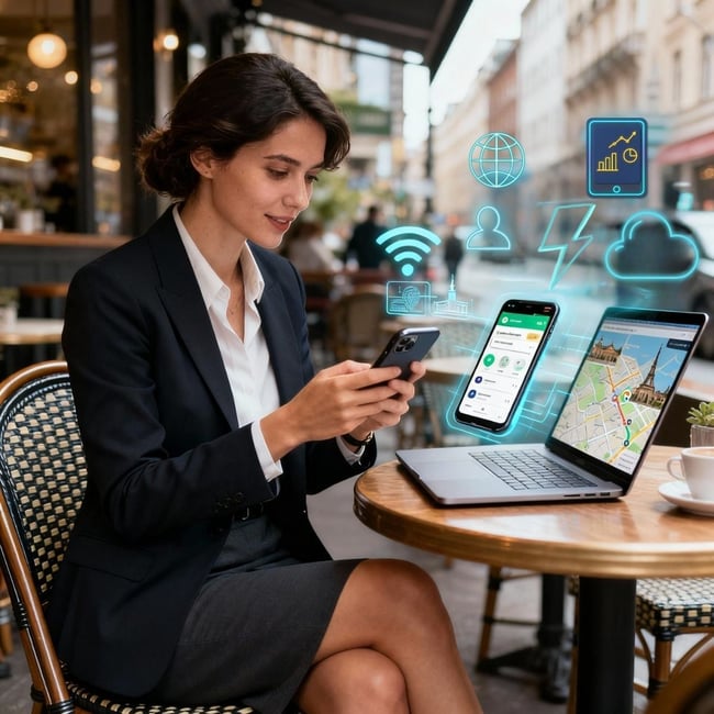 Business woman using smartphone with eSIM at café workspace with laptop showing maps and digital connectivity icons: globe, WiFi, analytics, cloud security for international business travel