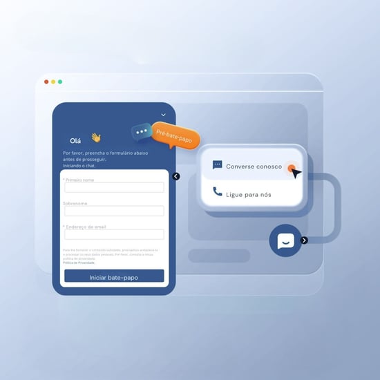 Interface de live chat com formulário de pré-atendimento e opção de chamada com um clique integrada ao Cloud PABX