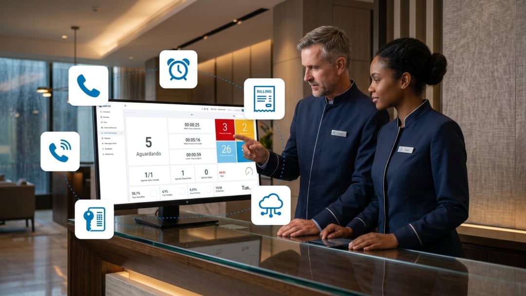 Equipe de hotel utilizando o pabx em nuvem Virtual-Call com módulo de gestão hoteleira integrado