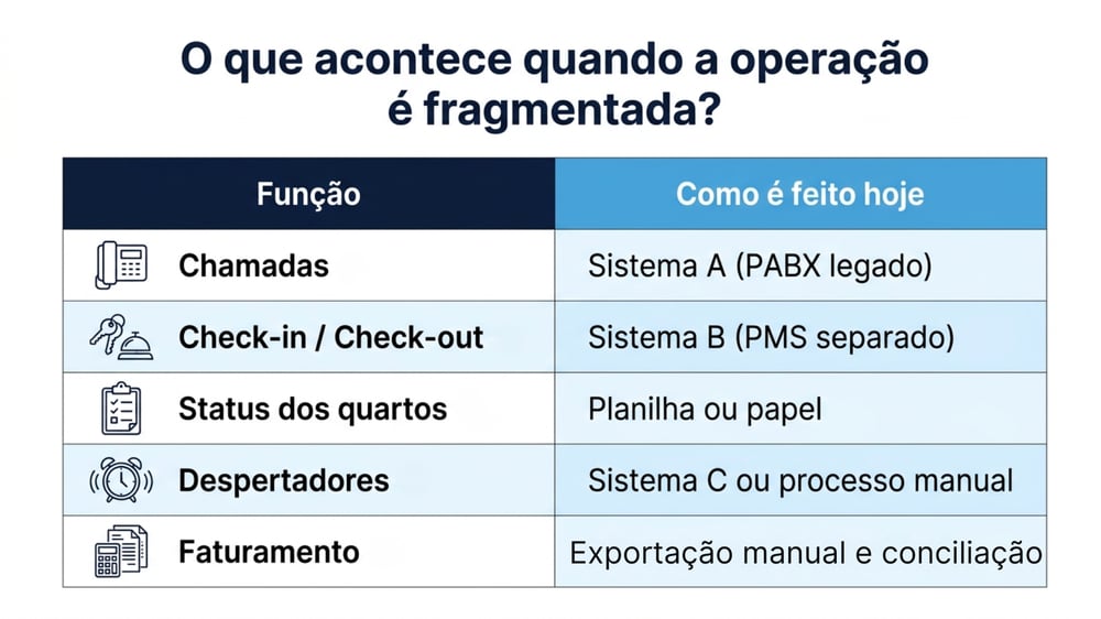 abela comparativa de sistemas fragmentados em hotéis antes do Cloud PABX