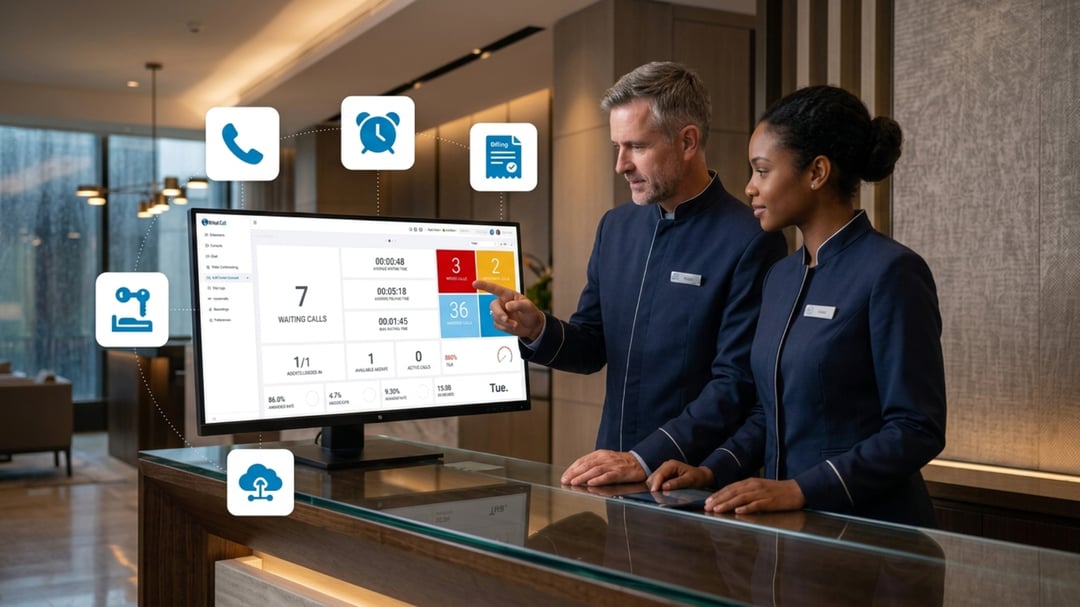 Hotel staff using Virtual-Call Cloud PBX hotel management dashboard with integrated features