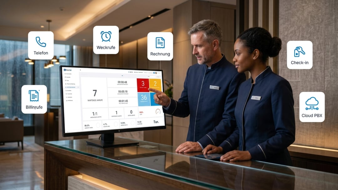 Hotelmitarbeitende nutzen das Virtual-Call Cloud-Telefonanlage Dashboard mit Hotelverwaltungsmodul