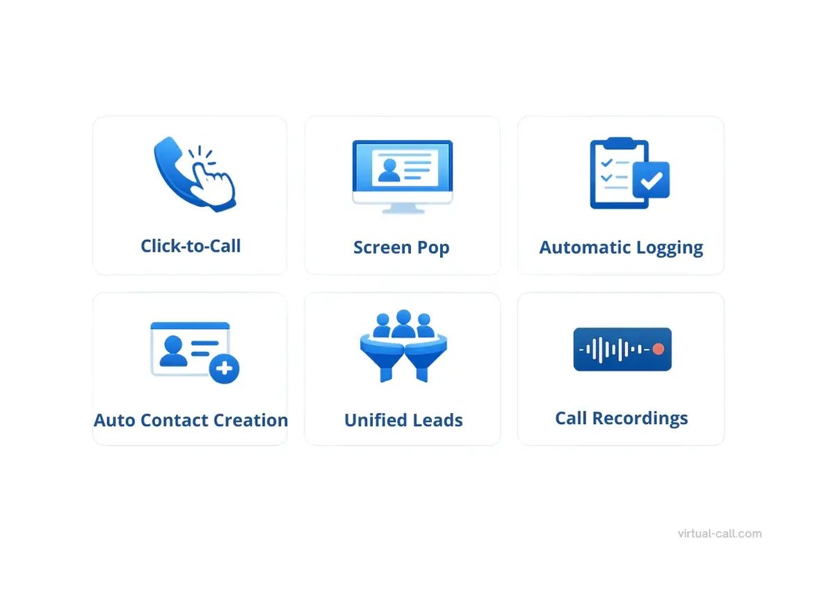 Infographic showing six CRM phone integration features: Click-to-Call, Screen Pop, Automatic Logging, Auto Contact Creation, Unified Leads, and Call Recordings