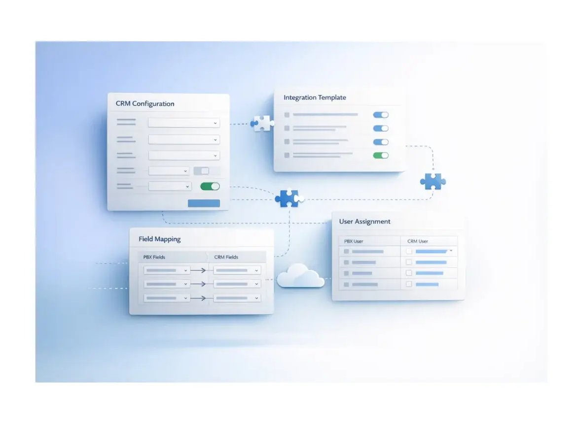 UI mockup showing CRM and cloud phone system integration setup with configuration panels for field mapping, integration template, and user assignment
