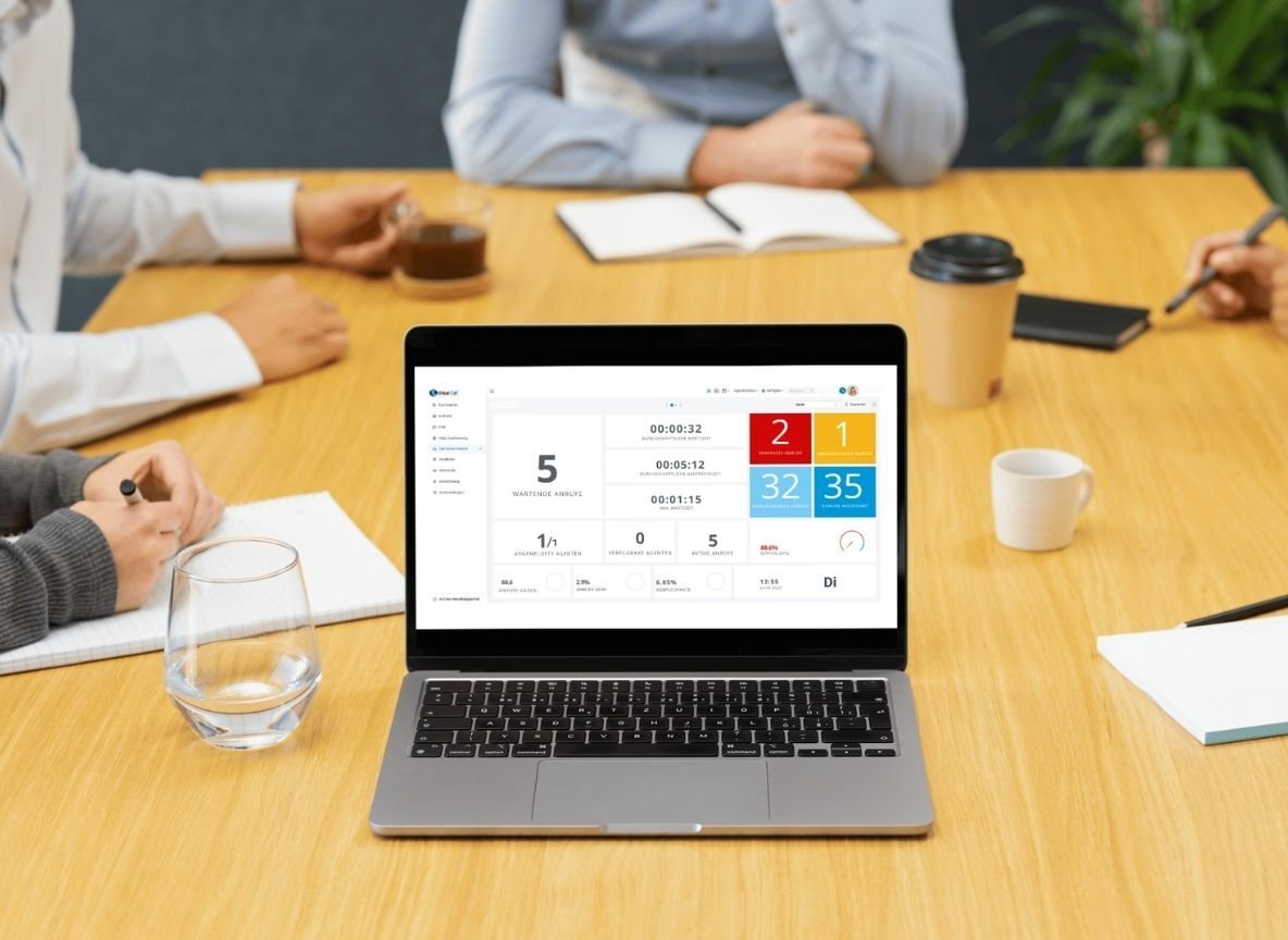 Cloud PBX dashboard displayed on a laptop during a meeting, showing real-time metrics such as active calls, wait times, and team performance.