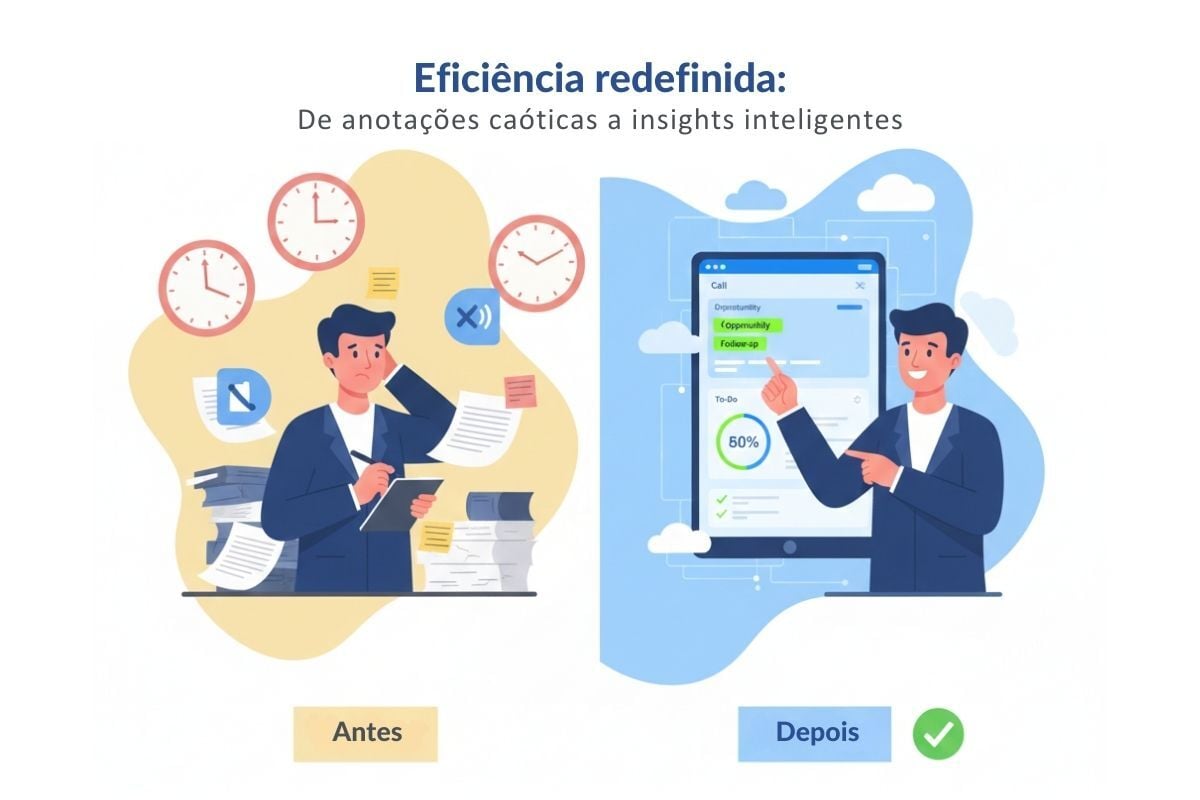 Transformação de eficiência empresarial mostrando profissional estressado gerenciando anotações manuais caóticas versus profissional organizado usando transcrição de chamadas com IA com resumos automáticos e insights acionáveis