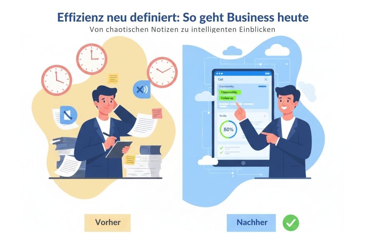 Geschäftseffizienz-Transformation zeigt gestressten Professional mit chaotischen manuellen Notizen versus organisierten Professional mit KI-Anruftranskription mit automatisierten Zusammenfassungen und umsetzbaren Erkenntnissen