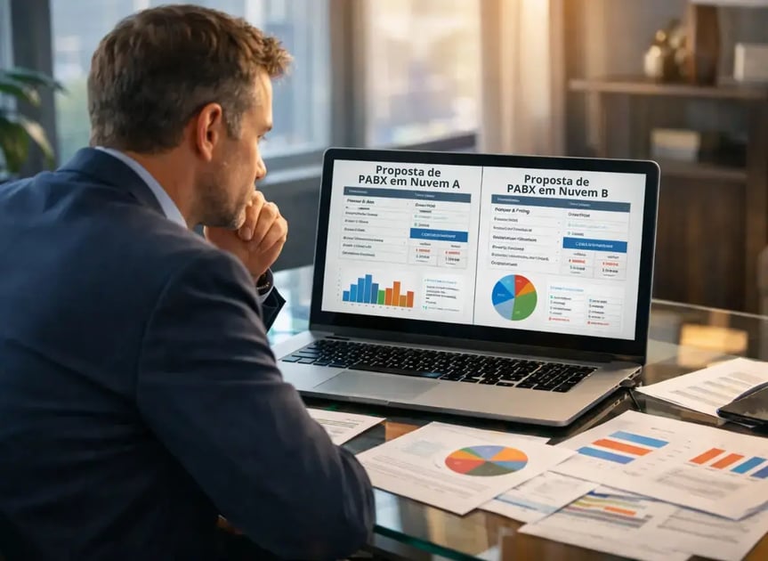 Gestor avaliando propostas de PABX em nuvem para comparar funcionalidades e custos.