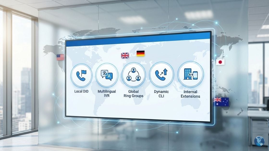 Diagramm mit den 5 wesentlichen Komponenten einer Cloud-Telefonanlage: Lokale DID, mehrsprachiges IVR, globale Rufgruppen, dynamische CLI und interne Nebenstellen.