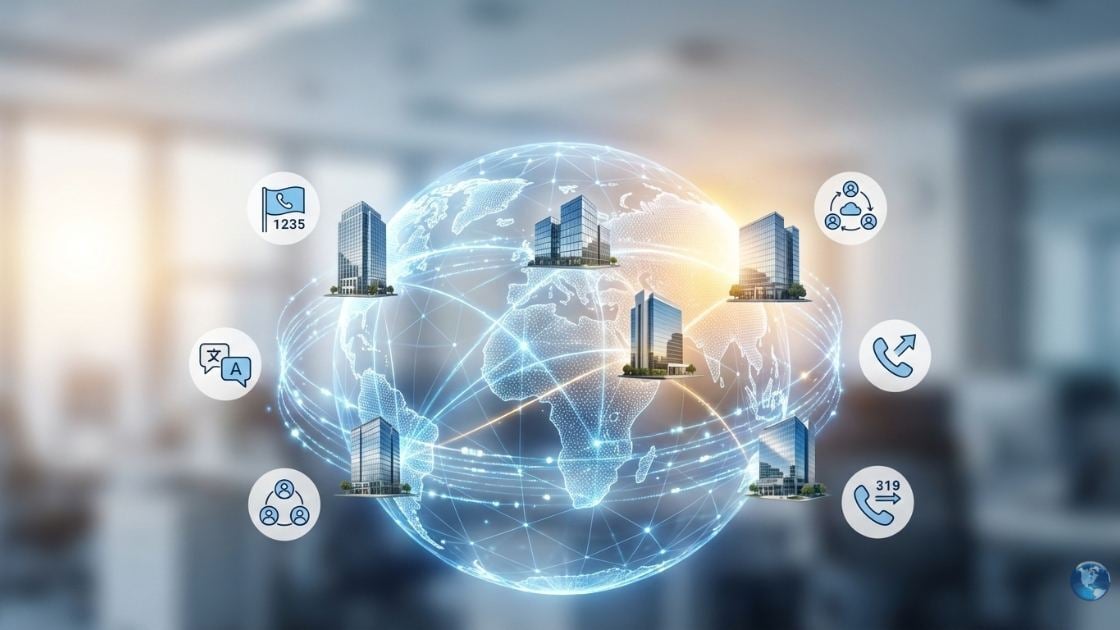 Globo digital com edifícios corporativos conectados em diferentes continentes, representando uma plataforma global de PBX na nuvem que unifica escritórios internacionais com ícones de telefonia, tradução e colaboração em equipe.