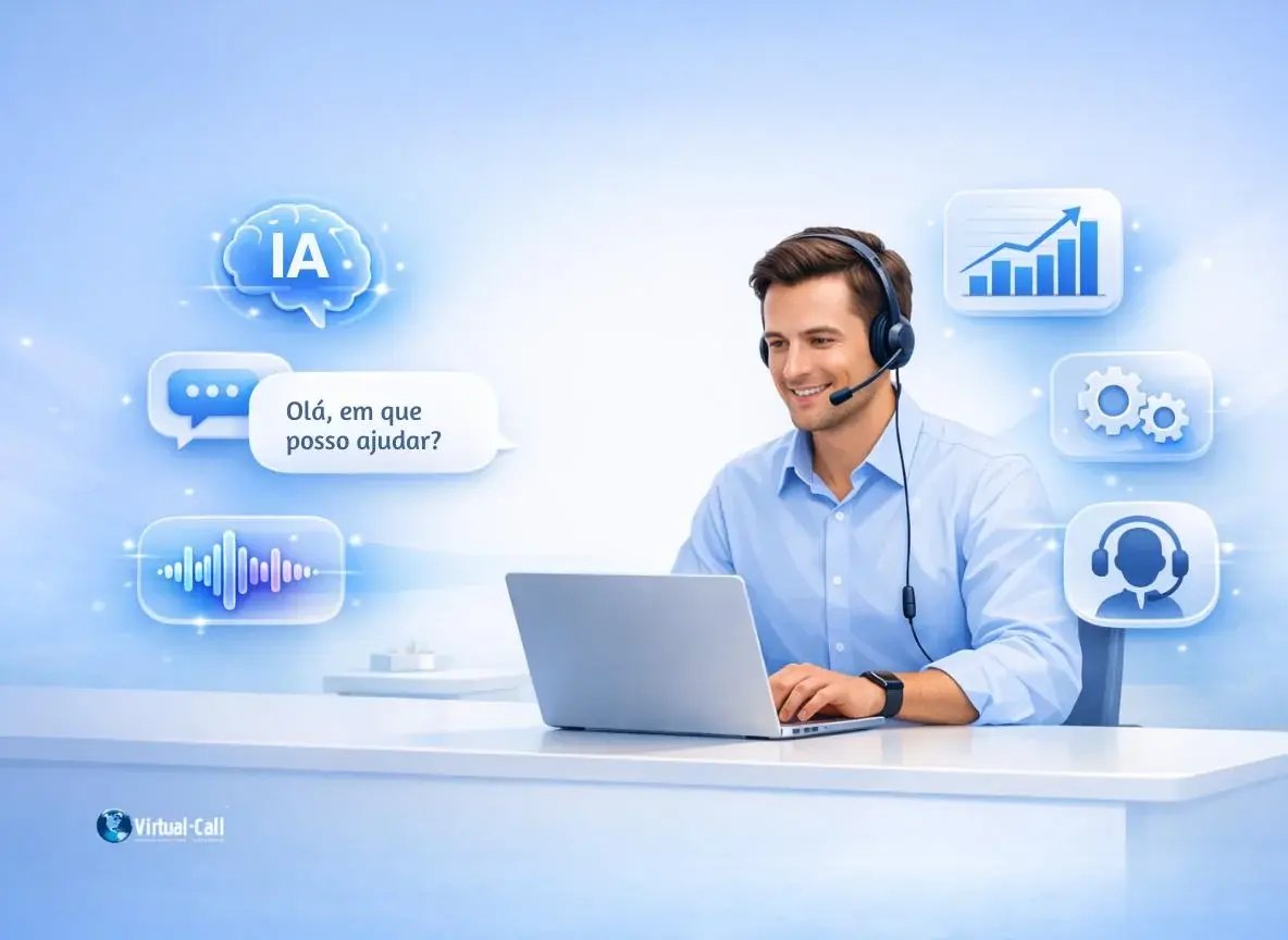 Recepcionista virtual com IA atendendo chamada com saudação inteligente e ícones de análise e suporte ao cliente
