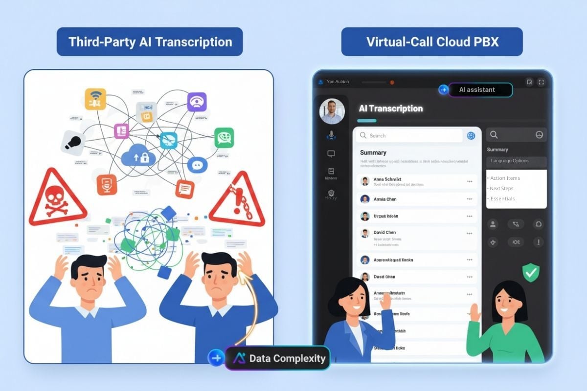 Business efficiency transformation showing stressed professional managing chaotic manual notes versus organized professional using AI call transcription with automated summaries and actionable insights