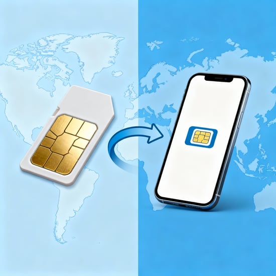 Evolution from physical SIM card to eSIM technology: traditional chip SIM on world map transitioning to digital eSIM on smartphone with global connectivity