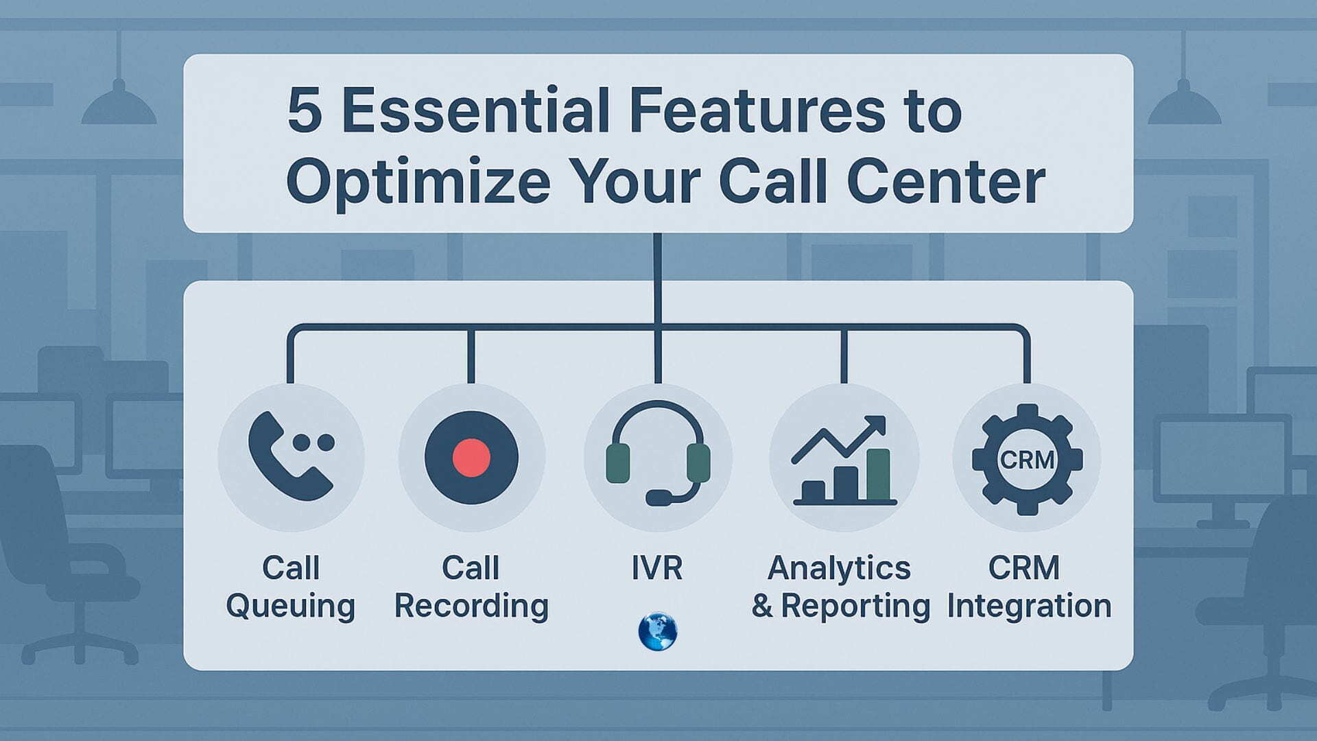 Illustration with five features to optimize your call center: call queue, recording, IVR, reports and CRM.