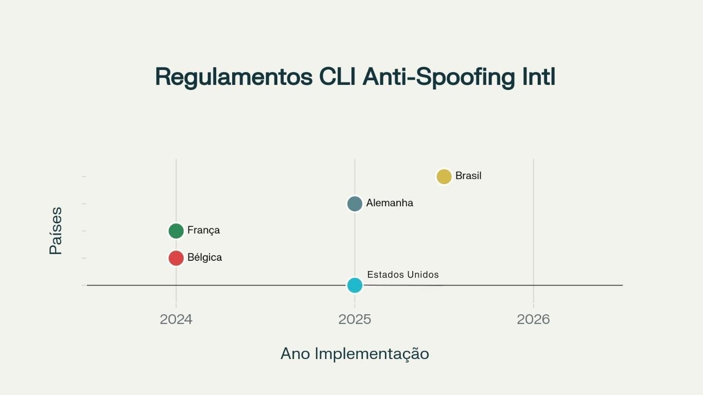 Gráfico cronologia regulamentos CLI anti-spoofing internacional: França e Bélgica 2024, Alemanha e Estados Unidos 2025, Brasil 2026 - timeline implementação autenticação chamadas internacionais por país