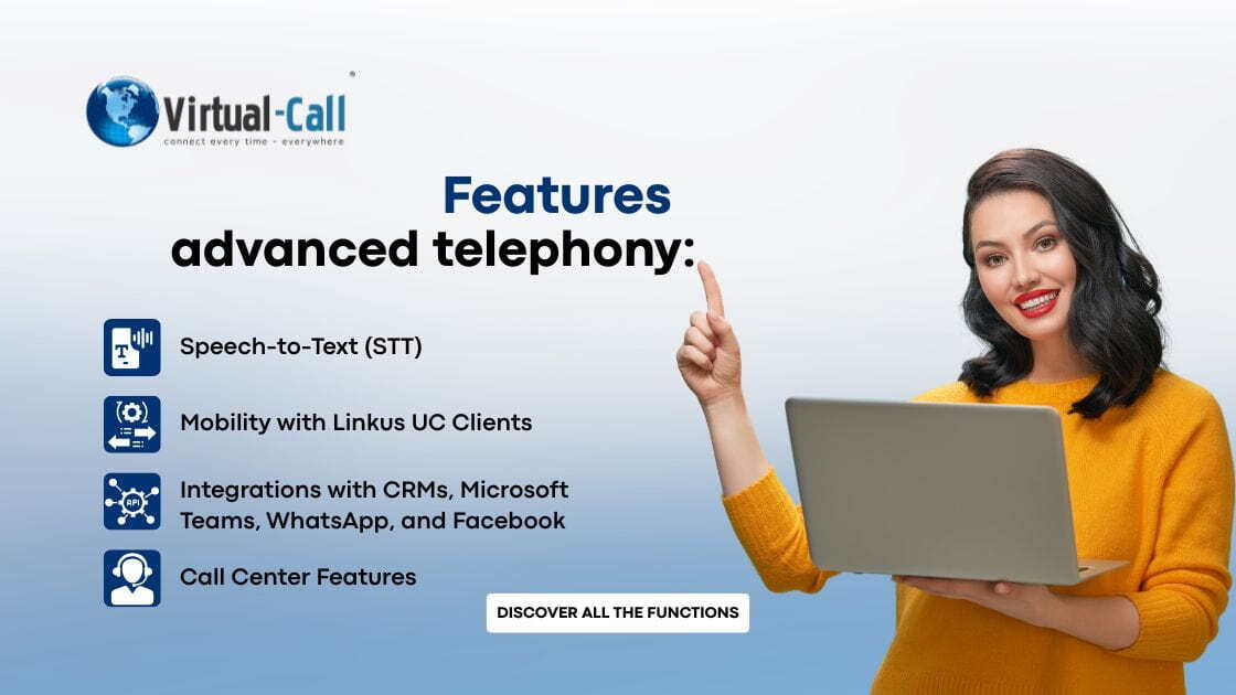 Virtual-Call infographic: Cloud PBX with advanced business telephony features - STT, Linkus UC, integrations (CRM, WhatsApp) and call center. Click for details