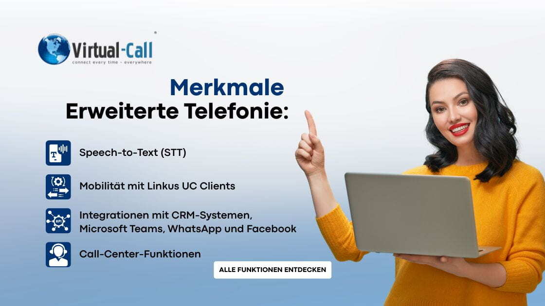 Virtual-Call Infografik: Cloud-PBX mit fortschrittlichen Business-Telefonie-Funktionen - STT, Linkus UC, Integrationen (CRM, WhatsApp) und Call Center. Klicken Sie für Details!