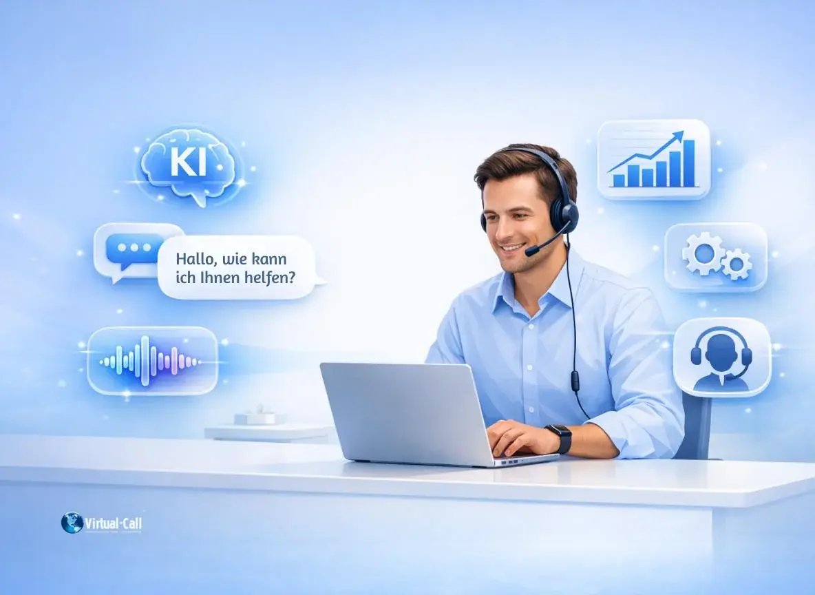 KI-Rezeptionist nimmt einen eingehenden Anruf mit intelligenter Begrüssung und Analyse-Icons entgegen