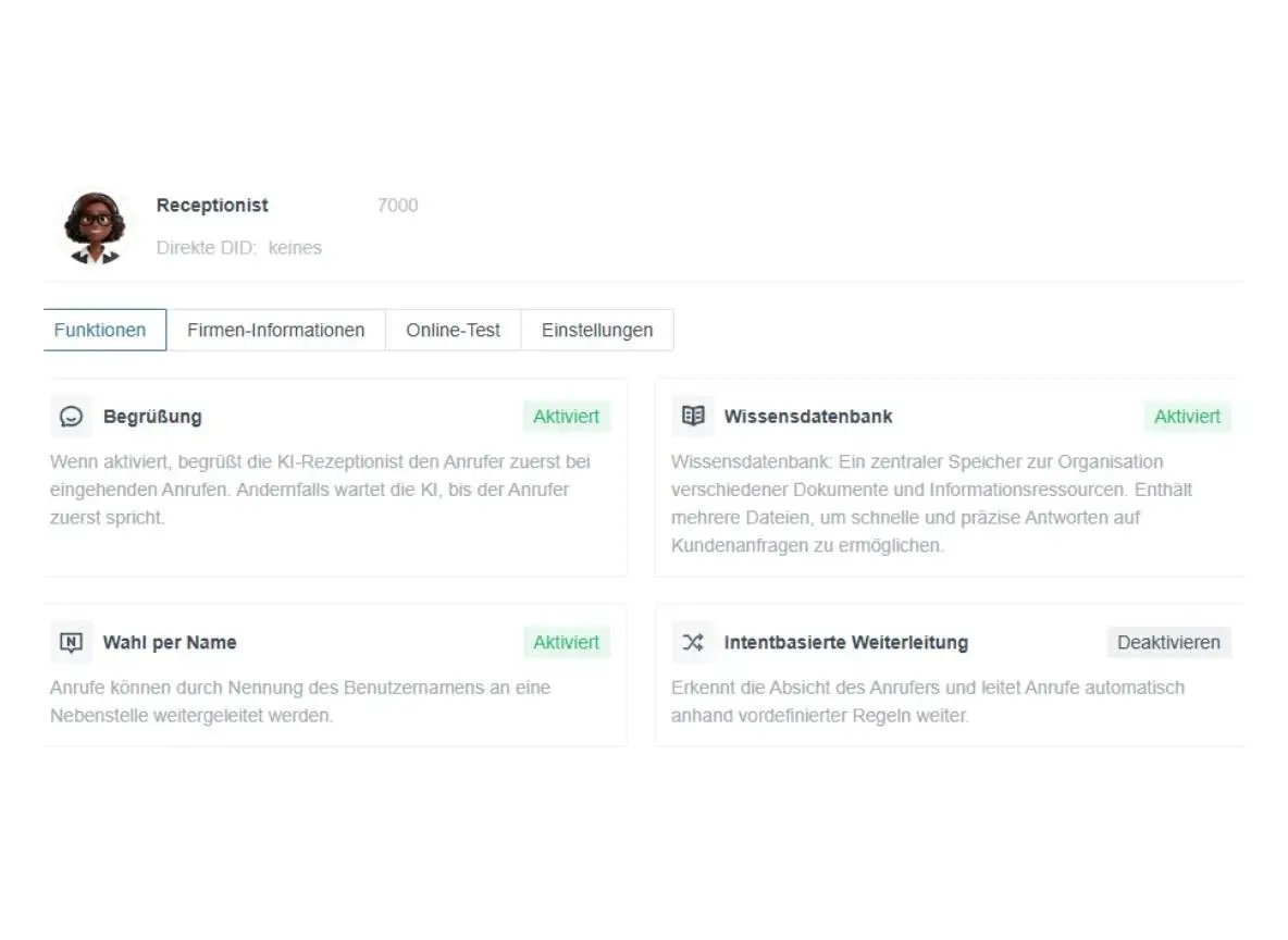 Konfigurationsoberfläche des KI-Rezeptionisten in der Virtual-Call-Plattform mit aktivierten Funktionen: Begrüssung, Wissensdatenbank, Wahl per Name und intentbasierte Weiterleitung