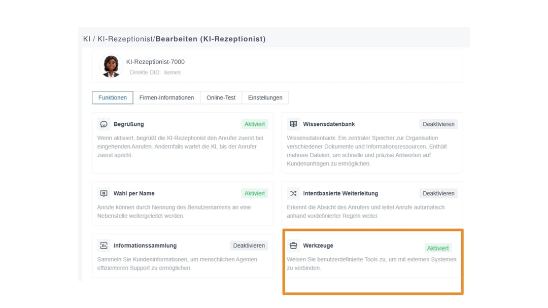 Bearbeitungsansicht des KI-Rezeptionisten mit aktivierter Funktion „Werkzeuge" zur Verbindung mit externen Geschäftssystemen