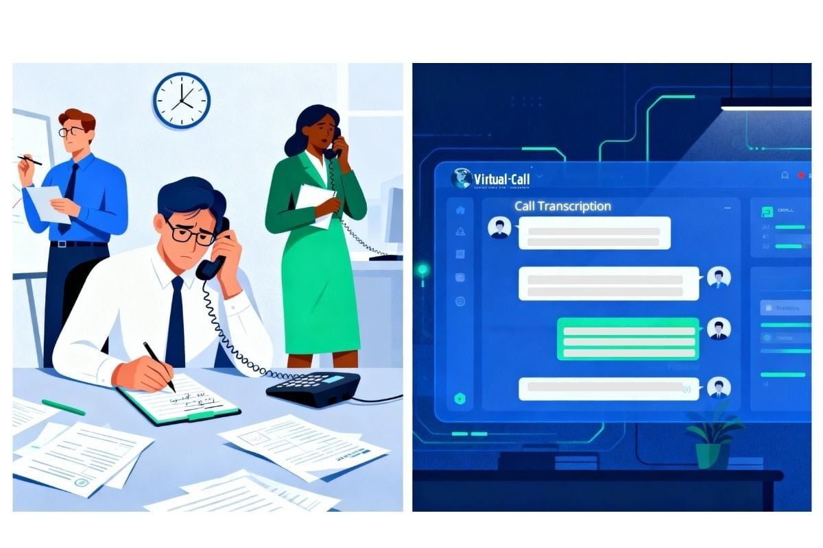 Comparison showing business team taking manual notes during phone calls versus Virtual-Call automated call transcription interface eliminating note-taking