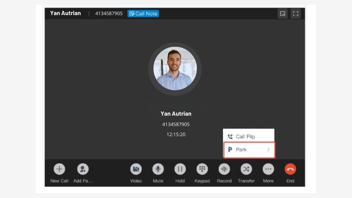 Interface Cloud PABX com botão Park destacado para estacionar chamadas com um clique