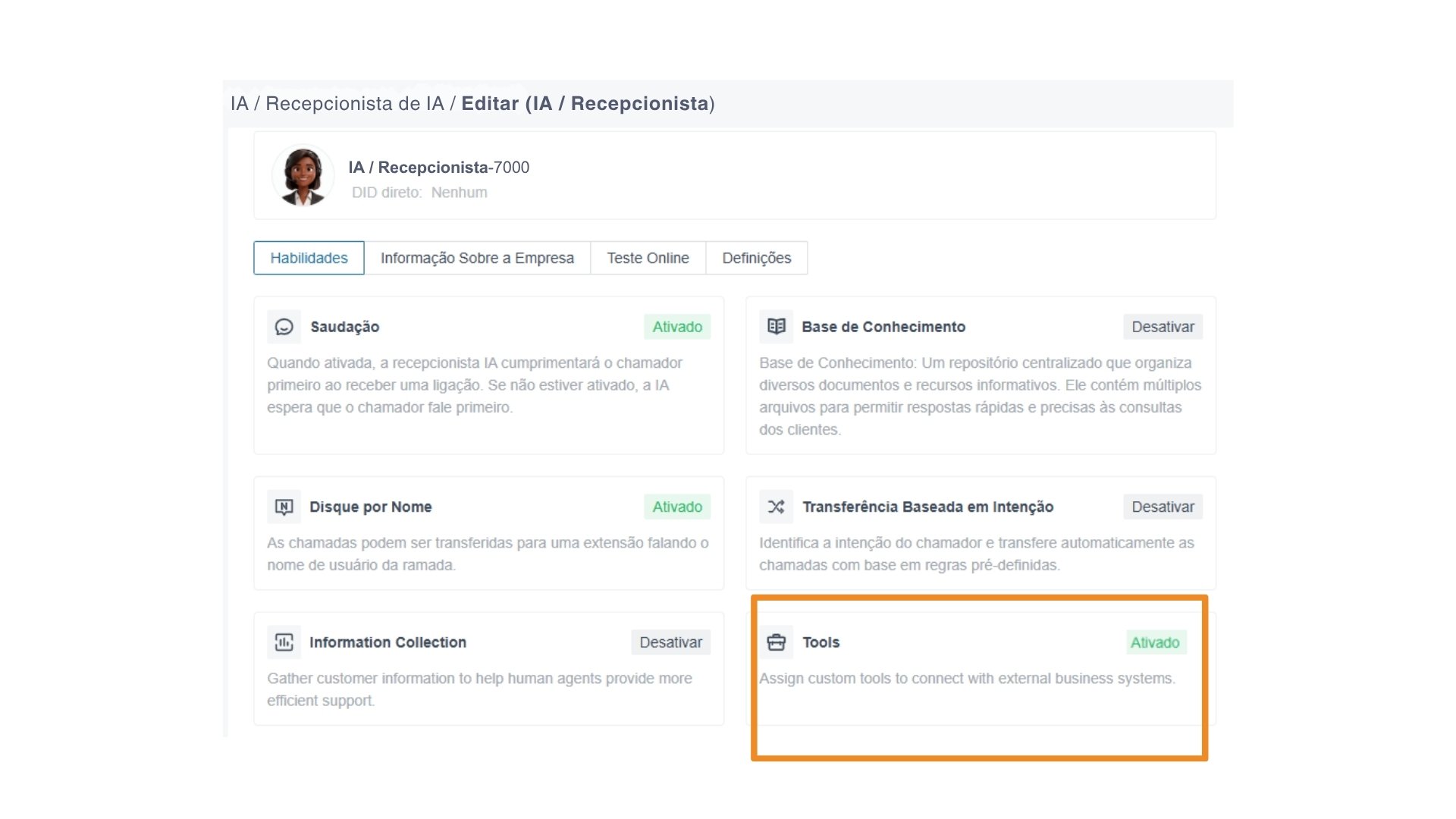 Painel de configuração da recepcionista de IA da Virtual-Call com a opção "Tools" ativada para integração com sistemas externos